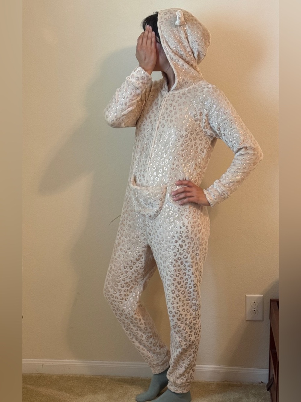 Shimmery Leopard Plush Hooded Onesie with Kangaroo Pouch- Cream